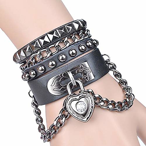 

Multilayer Bracelet Black Leather Bracelet for Men Women Leather Heart Tassel Pendant Bangle Spike Studded Rivet Chain Cuff Metal Biker Wristband Punk Rock Bracelet Set for Christmas, Black