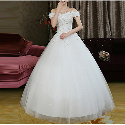 

Princess Ball Gown Wedding Dresses Off Shoulder Floor Length Lace Tulle Short Sleeve Formal Romantic Sparkle & Shine with Beading Sequin Appliques 2021