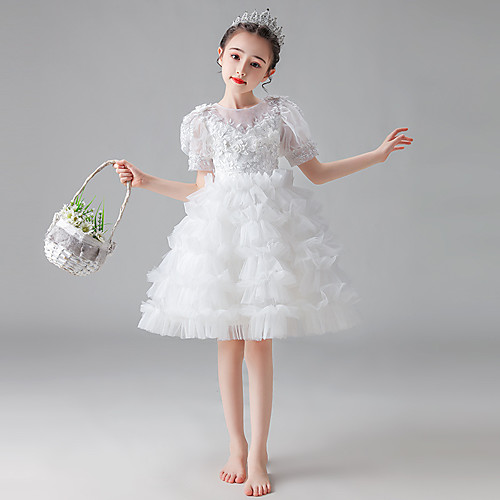 

Princess Knee Length Flower Girl Dresses Wedding Tulle Short Sleeve Jewel Neck with Appliques / First Communion