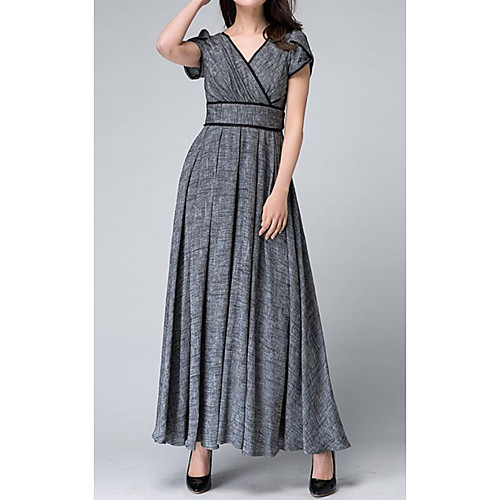 

Women's Sheath Dress Maxi long Dress Gray Short Sleeve Solid Color Print Fall Summer V Neck Elegant Casual 2021 S M L XL XXL 3XL