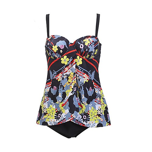 

Women's Tankini 2 Piece Swimsuit Open Back Print Floral Tropical Yellow Plus Size Swimwear Padded Tank Top V Wire Bathing Suits New Casual Vacation / Sexy / Strap / Holiday / Padded Bras / Beach