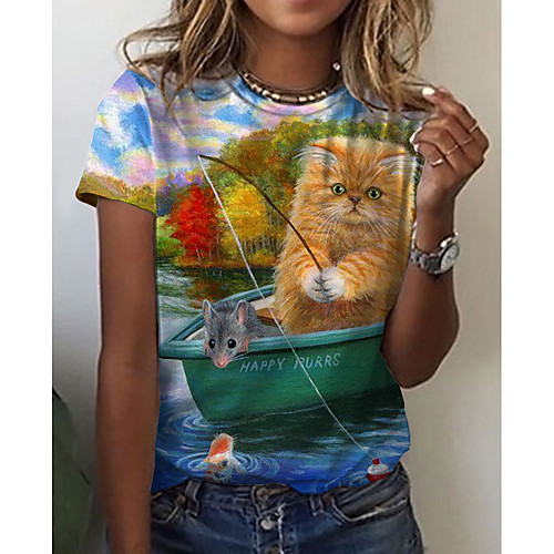 

Women's 3D Printed 3D Cat T shirt Cat Graphic Scenery Print Round Neck Basic Tops Green