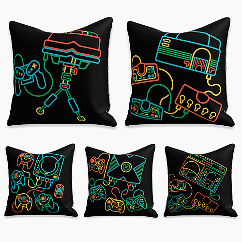 

5 pcs Linen Pillow Cover, Cartoon Square Zipper Polyester Traditional Classic