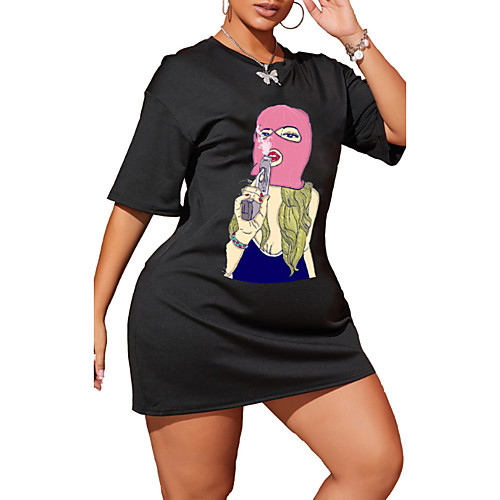 

Women's T Shirt Dress Tee Dress Short Mini Dress Black Short Sleeve Print Print Summer Round Neck Casual Loose 2021 S M L XL XXL