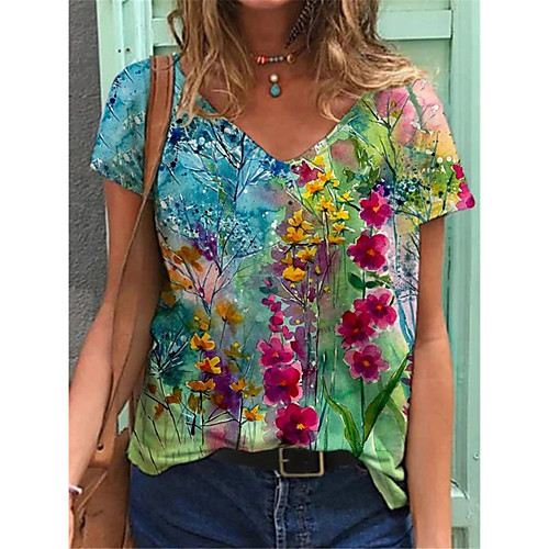 

Women's Floral Theme T shirt Floral Flower Print V Neck Tops Basic Basic Top Blue Purple Red