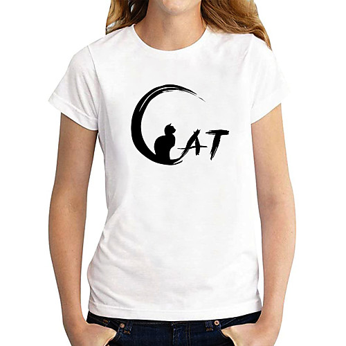 

Women's T shirt Cat Graphic Letter Print Round Neck Tops 100% Cotton Basic Basic Top White Black