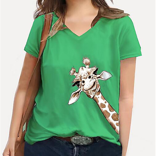 

Women's Plus Size Tops T shirt Graphic Giraffe Animal Print Short Sleeve V Neck Blue Yellow Gray Big Size XL XXL 3XL 4XL 5XL / 100% Cotton