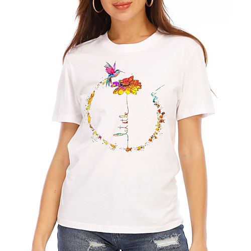 

Women's T shirt Graphic Floral Print Round Neck Tops 100% Cotton Basic Basic Top White Black