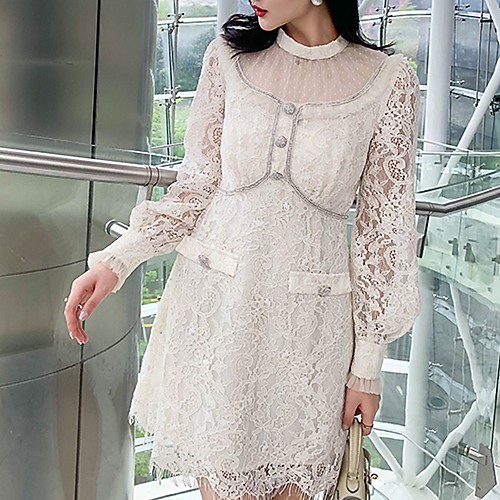 

A-Line Elegant Vintage Graduation Cocktail Party Dress Illusion Neck Long Sleeve Short / Mini Lace with Buttons 2021