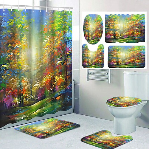 

Oil Painting Wood Pattern Printing Bathroom Shower Curtain Leisure Toilet Four-piece Design