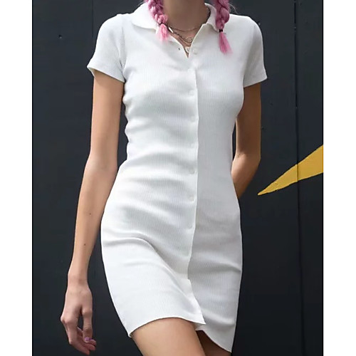 

Women's Sweater Jumper Dress Short Mini Dress khaki Green White Black Short Sleeve Solid Color Summer Shirt Collar Casual 2021 S M / Cotton / Cotton