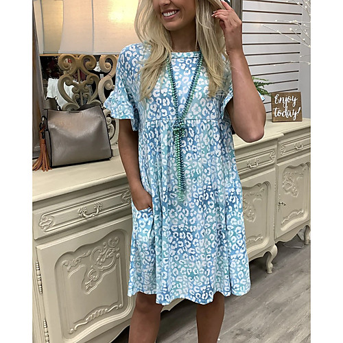 

Women's Shift Dress Midi Dress Blue Blushing Pink Short Sleeve Print Holiday Print Spring Summer Round Neck Casual Flare Cuff Sleeve Loose 2021 S M L XL