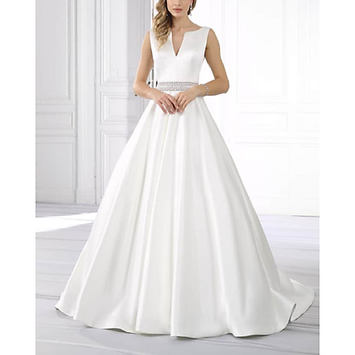 

A-Line Wedding Dresses V Neck Sweep / Brush Train Satin Sleeveless Formal Simple with Crystal Brooch 2021