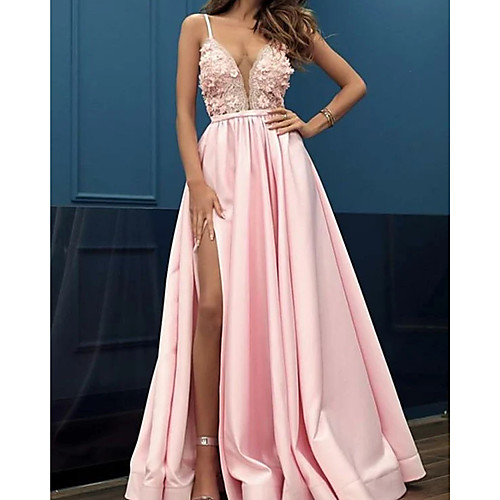 

A-Line Beautiful Back Sexy Engagement Formal Evening Dress Spaghetti Strap Sleeveless Floor Length Stretch Satin with Split 2021