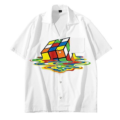 

Men's Shirt 3D Print Rubik's Cube 3D Print Button-Down Short Sleeve Casual Tops Casual Fashion Breathable Comfortable White / Sports