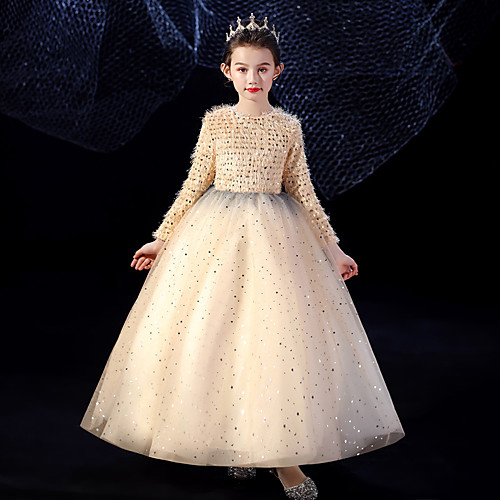 

Princess Floor Length Junior Bridesmaid Dress Party Tulle Long Sleeve Jewel Neck with Pleats