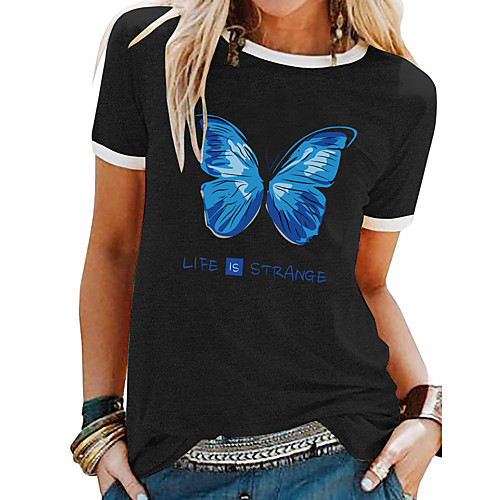 

Women's T shirt Butterfly Letter Patchwork Print Round Neck Tops Basic Basic Top White Black Blue