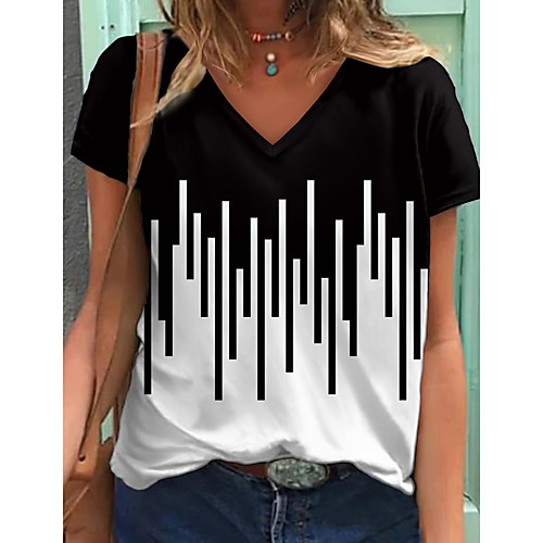 

Women's Abstract Painting T shirt Striped Color Block Print V Neck Basic Tops Black