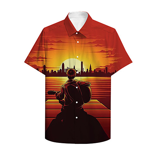 

Men's Shirt 3D Print Graphic 3D Landscape 3D Print Button-Down Short Sleeve Casual Tops Casual Hawaiian Orange