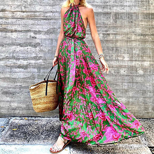 

Women's Swing Dress Maxi long Dress Red Sleeveless Floral Tassel Fringe Print Spring Summer Halter Neck Sexy Boho Club 2021 S M L XL