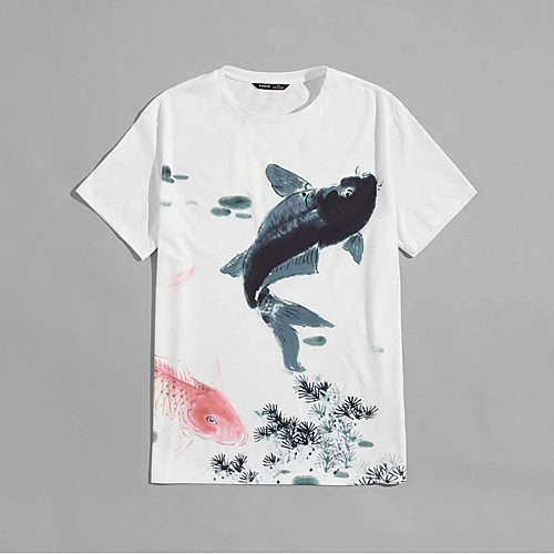 

Men's Unisex T shirt Hot Stamping Carp Animal Plus Size Print Short Sleeve Casual Tops 100% Cotton Basic Casual Fashion White
