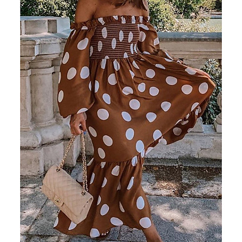 

Women's A Line Dress Maxi long Dress Khaki Long Sleeve Polka Dot Ruched Print Fall Summer Strapless Elegant Casual 2021 S M L XL XXL 3XL