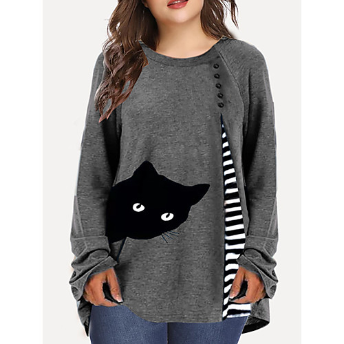 

Women's Plus Size Tops T shirt Striped Cat Animal Long Sleeve Crewneck Basic Blue Wine Gray Big Size XL 2XL 3XL 4XL 5XL / 100% Cotton