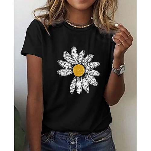 

Women's Daisy T shirt Floral Graphic Print Round Neck Basic Tops Black Blue Green