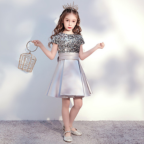 

A-Line Short / Mini Flower Girl Dresses Homecoming Satin Short Sleeve Jewel Neck with Solid