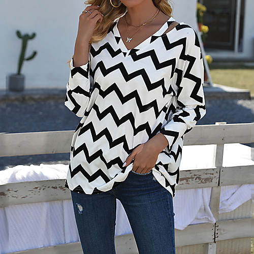 

Women's Blouse Striped Long Sleeve V Neck Basic Tops Black Blue Red