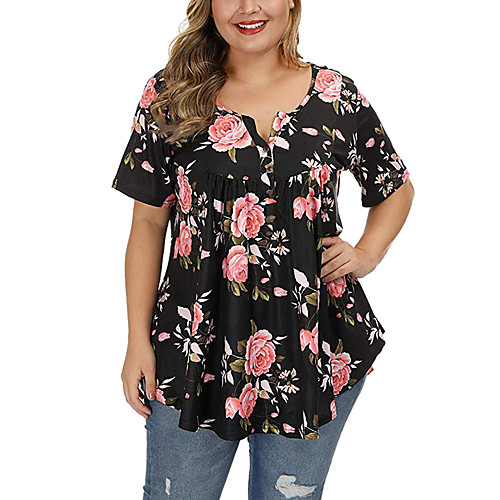 

Women's Plus Size Tops Blouse Floral Ruffle Print Short Sleeve V Neck Streetwear Blue Wine Green Big Size L XL XXL 3XL 4XL / Going out / Loose
