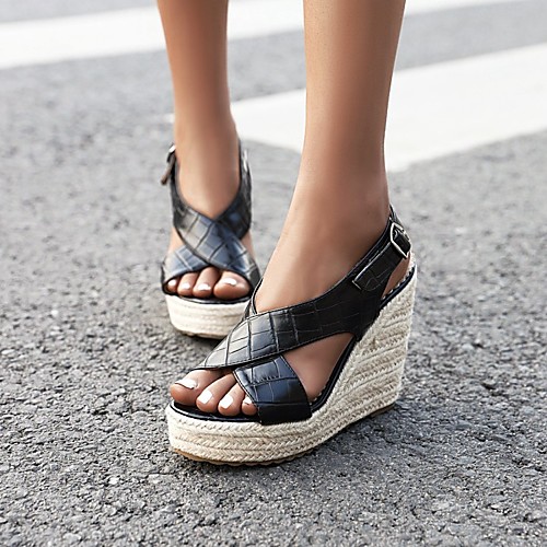 

Women's Sandals Wedge Sandals Espadrilles Straw Sandals Wedge Heel Round Toe Wedge Sandals PU Synthetics Camel Black