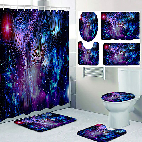 

Digital Printing Bathroom Shower Curtain Leisure Toilet Four-piece Set Including Hooks and Cushions