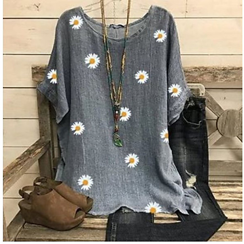 

Women's Plus Size Blouse Shirt Floral Holiday Flower Print Round Neck Boho Tops Wine Green Gray / Sunflower