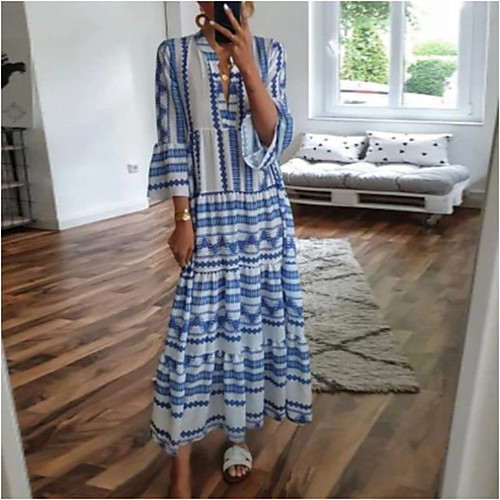 

Women's Swing Dress Maxi long Dress Blue 3/4 Length Sleeve Geometric Patchwork Print Spring Summer V Neck Casual Boho Holiday Flare Cuff Sleeve Loose 2021 S M L XL XXL 3XL