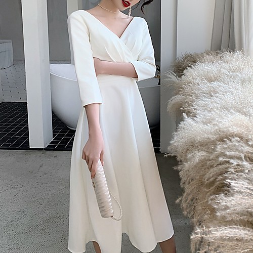 

A-Line Wedding Dresses V Neck Knee Length Stretch Fabric 3/4 Length Sleeve Simple Little White Dress 1950s with 2021