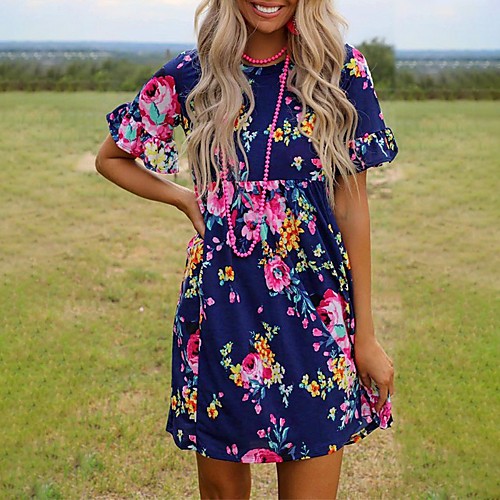 

Women's Shift Dress Short Mini Dress Blushing Pink Royal Blue Half Sleeve Floral Print Spring Summer Round Neck Casual Beach Flare Cuff Sleeve Loose 2021 S M L XL