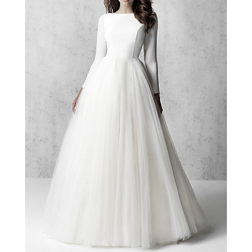 

A-Line Wedding Dresses Jewel Neck Floor Length Tulle Italy Satin Long Sleeve Country Simple with 2021