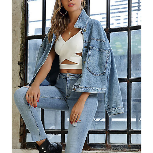 

Women's Denim Jacket Daily Spring & Summer Regular Coat Shirt Collar Regular Fit Jacket Long Sleeve Solid Colored Blue