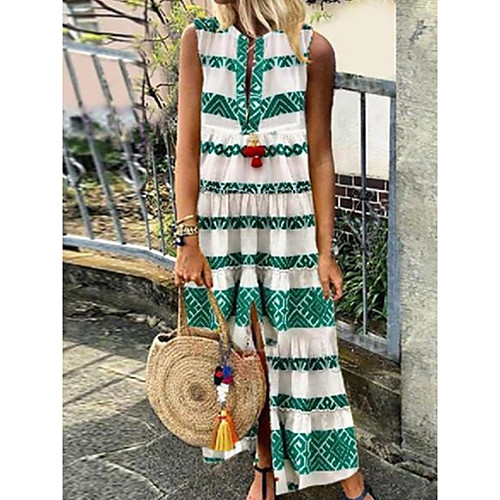 

Women's Shift Dress Maxi long Dress Green Long Sleeve Pattern Summer Round Neck Elegant Loose 2021 S M L XL