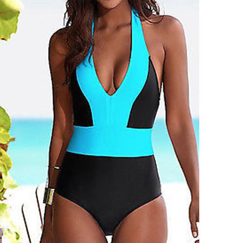 

Women's Bikini Swimsuit Color Block Blue White Swimwear Bathing Suits