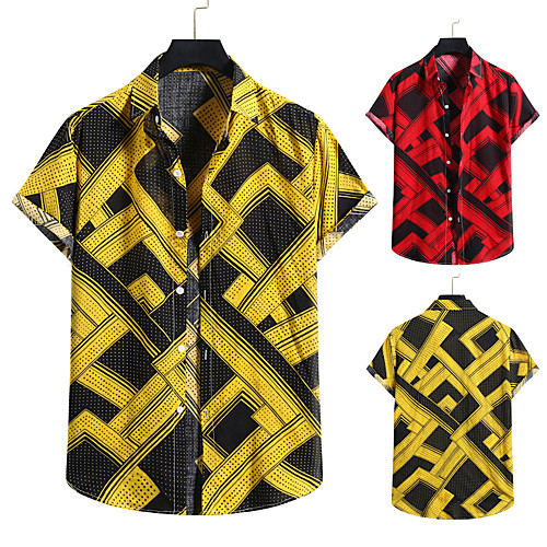 

Men's Shirt Other Prints Geometric Geometry Print Short Sleeve Casual Tops Beach Hawaiian Red Yellow