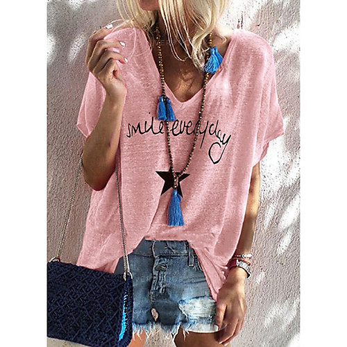 

Women's T shirt Letter Print V Neck Tops Basic Basic Top Blushing Pink Green Light gray