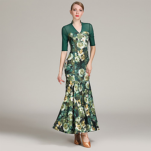 

Ballroom Dance Dress Pleats Pattern / Print Women's Training Performance Half Sleeve Natural Elastane