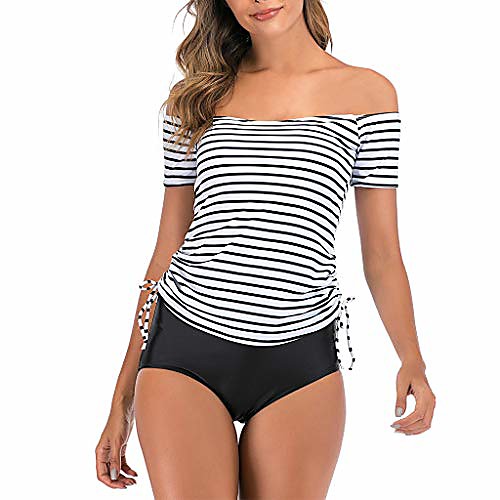 

women plus size tankini set bathing suit off shoulder top high waist tummy control bottom swimwear swimsuit white