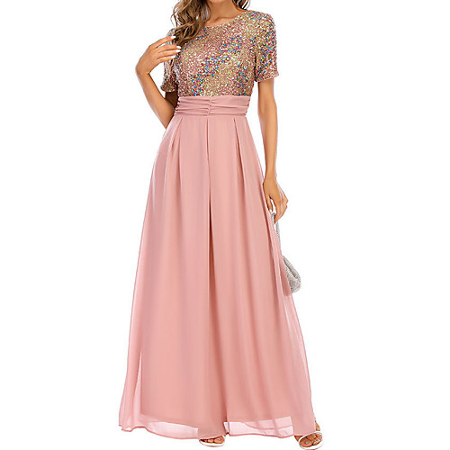 

Women's A Line Dress Maxi long Dress Blushing Pink Short Sleeve Print Solid Color Patchwork Print Summer Round Neck Casual 2021 S M L XL / Chiffon