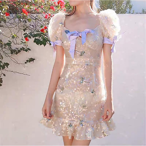 

Sheath / Column Celebrity Style Sparkle Homecoming Cocktail Party Dress Scoop Neck Short Sleeve Short / Mini Sequined with Bow(s) Sequin 2021