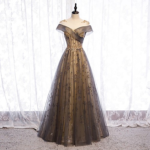 

A-Line Elegant Floral Engagement Formal Evening Dress Illusion Neck Short Sleeve Floor Length Tulle with Pleats 2021