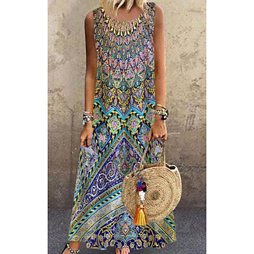 

Women's Shift Dress Maxi long Dress Blue Sleeveless Print Print Spring Summer Round Neck Casual Loose 2021 S M L XL XXL 3XL 4XL 5XL