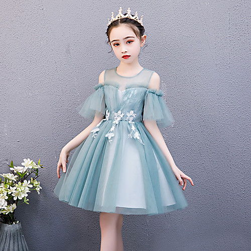 

Princess Short / Mini Flower Girl Dresses Wedding Tulle Half Sleeve Jewel Neck with Appliques / Homecoming